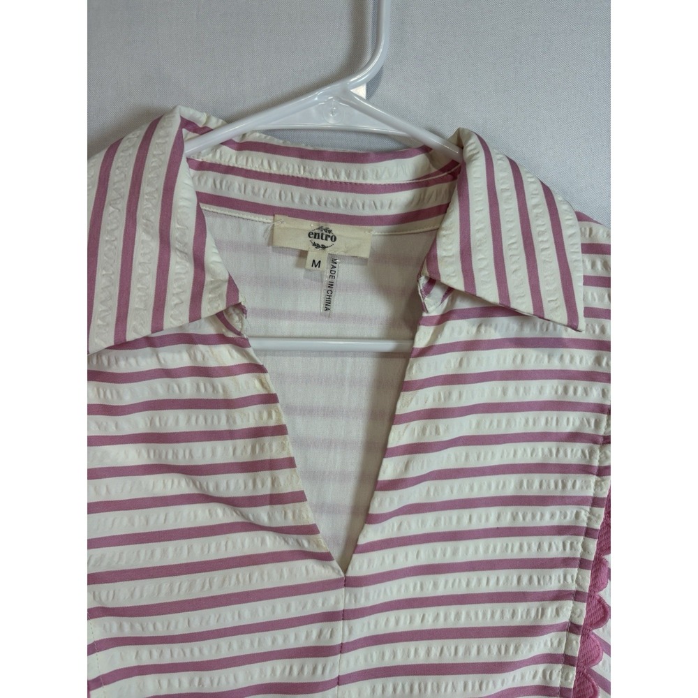 Entro Striped Seersucker Balloon Sleeve Blouse Pink White Scalloped Trim M - Picture 9 of 10